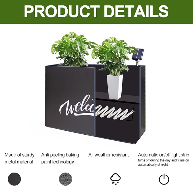 Metal LED Planter Box Rectangular Block - Galvanized Steel Long Planters Box with Solar Light Outdoor All-Weather Use with Drainage Holes for Cafe Bar Mall Store Patio/Porch/Entrance, 35.5×24×12IN