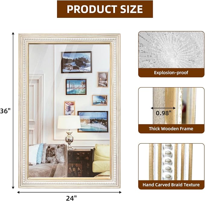 Reflinto 36x24 Inch Rustic Farmhouse Rectangular Wall Mirror, Wooden Rectangle - Image 6
