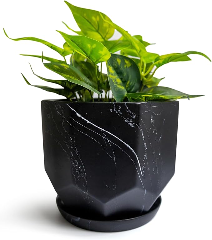Large Marble Black Plant Pot with Drainage Holes and Saucers, Ceramic Pots for Indoor Outdoor Plants, 7 Inch Premium Hand Glazed Planters for Flower, Garden, Succulent, Nursery, Home Decor
