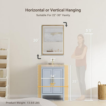 Gold Bathroom Mirror, 22x30 Brushed Gold Bathroom Mirror Beveled Edge, - Image 2
