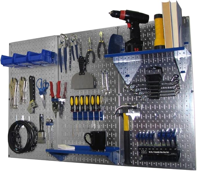 Wall Control Pegboard Organizer 4 ft. Metal Pegboard Standard Tool Storage Kit with Galvanized Toolboard and Blue Accessories