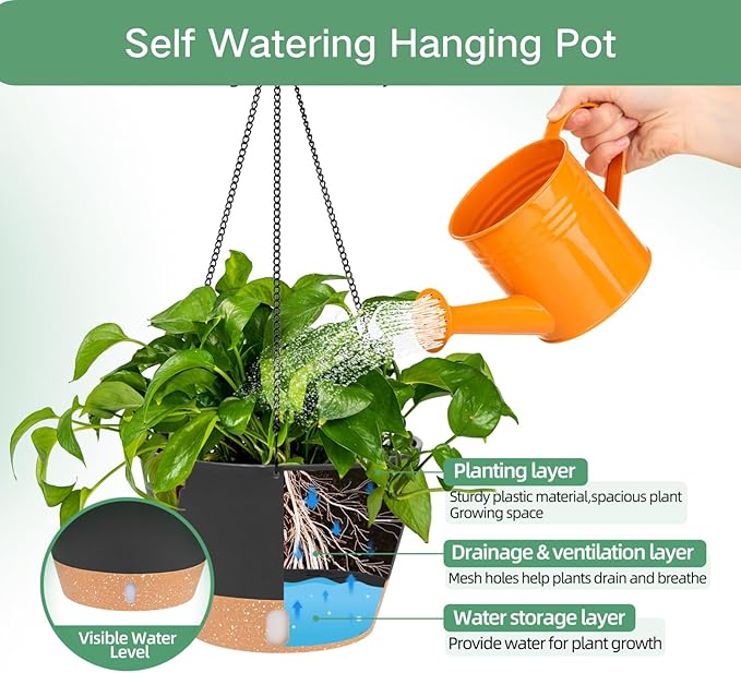 QCQHDU 2 Pack 8 inch Hanging Planters for Indoor Plants, Outdoor Hanging Baskets, Self Watering Pots with Drainage Holes & Removable Tray (Dark Grey, 8 inch)