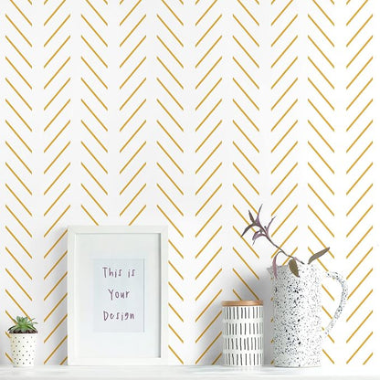 Erfoni Yellow and White Peel and Stick Wallpaper Modern Herringbone Wallpaper by Erfoni