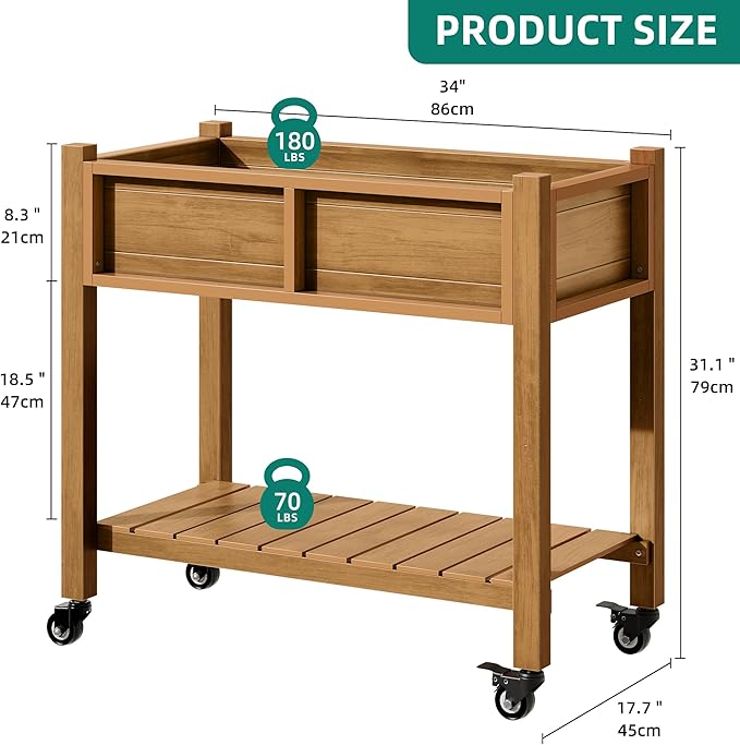 YITAHOME Raised Garden Bed, HIPS Poly Wood Elevated Planter Box with Shelf & Wheels for Mobility, Small Flower Box Stand for Patio Balcony Garden Backyard, Teak