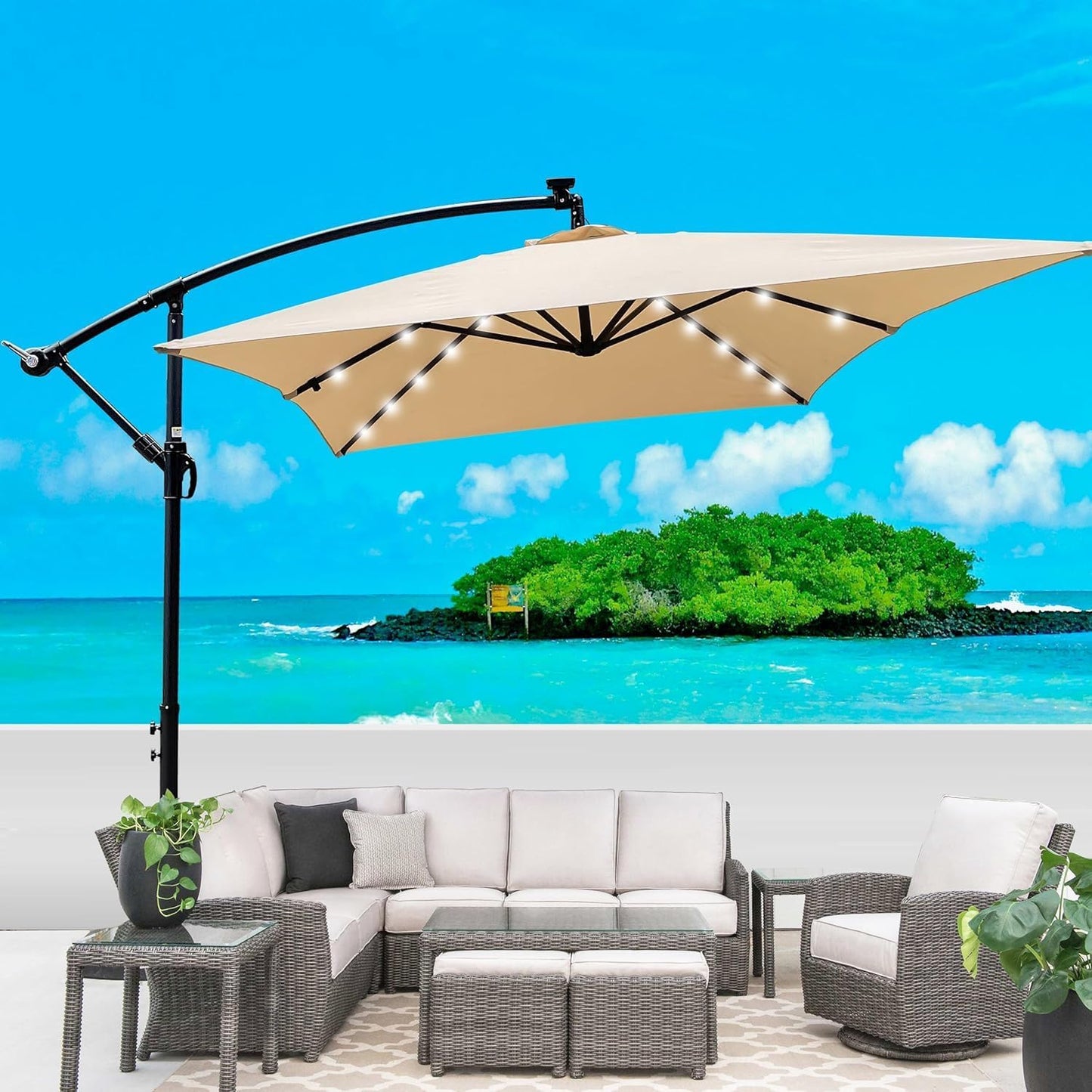 10x6.5FT Patio Umbrella, Outdoor Offset Umbrella with Cross Base and Crank, Rectangular Cantilever Umbrella with Solar Lights, Hanging Market Umbrella with 6 Rids for Pool, Deck, Backyard (Tan)