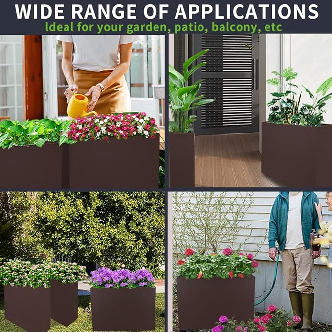 Metal Tall Long Planter Box Large Rectangular Planter Flower Pot with Drainage Holes for Indoor Outdoor Deck Porch Garden Home Patio Front Door (Espresso, L)