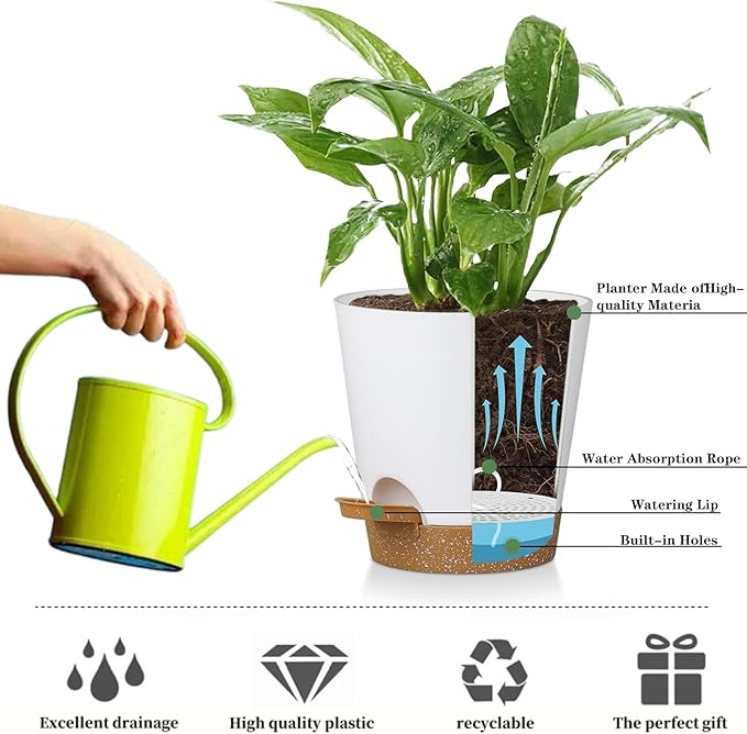 5 Pack 5 inch Self-Watering Pots, African Violets Planter with Drainage Holes and Reservoir, White Brown Plastic Planter for Indoor Outdoor Plants Flowers and Houseplants White Brown, 5 inch 5 pcs