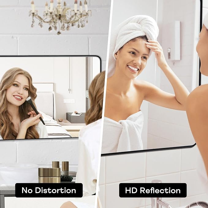 Wall Mount Mirror for Bathroom, Brushed Black Metal Framed Rounded Corner - Image 4