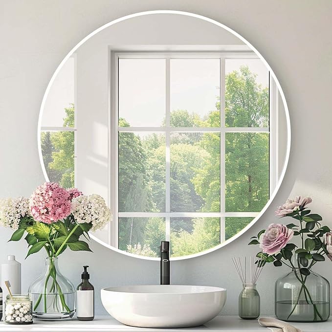 Round White Mirror, 24 Inch Circle White Mirror, Metal Frame Round Wall Mounted by Mfring