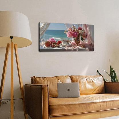 Vintage Pink Flower Wall Art Retro Flowers in Golden Vase Pictures Blue Ocean - Image 6