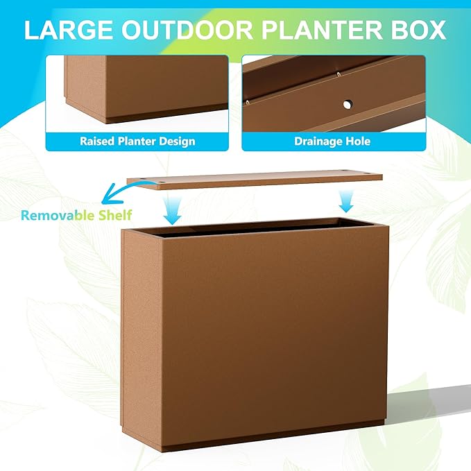 FENCY Metal Planter Box, Large Rectangular Planters for Outdoor Plants, Outdoor Tall Planters with Drainage Holes, Brown Metal Planters (30" L x 12" W x 24" H)