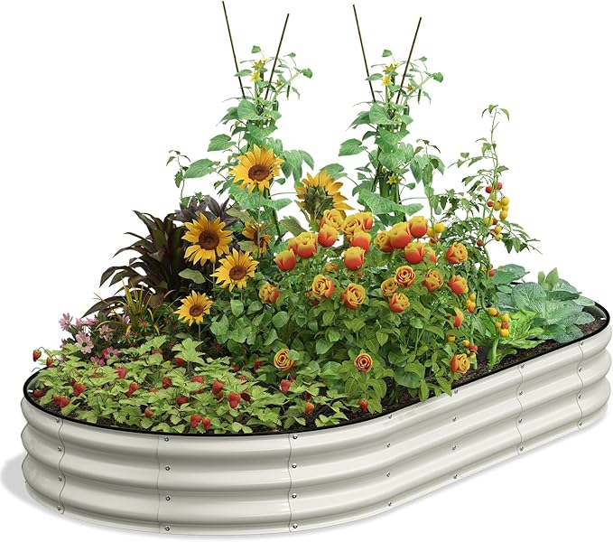 Oval 8x4x1 FT Galvanized Raised Garden Bed Kit, 3 in 1 Large Metal Garden Bed Raised Planter Box, 12” Raised Beds for Gardening Vegetables Flower Herb(Pearl White)