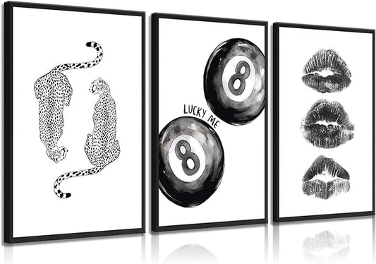 BOKPEN Trendy Black and White Leopard Canvas Wall Art, Funky Y2k Lucky 8 Ball by bokpen