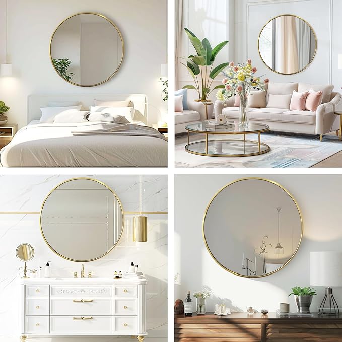 Gold Round Mirror, 28 Inch Gold Circle Mirror, Metal Frame Round Wall Mounted - Image 5