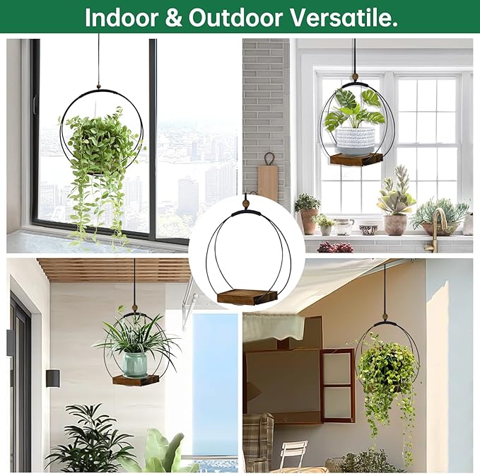 2 Pack Hanging Planters for Indoor Plants, Black Plant Hanger with Sturdy Wood Base, Modern Boho Macrame Hanger, Wall Ceiling Window Planters (Plants/Pots Not Included)