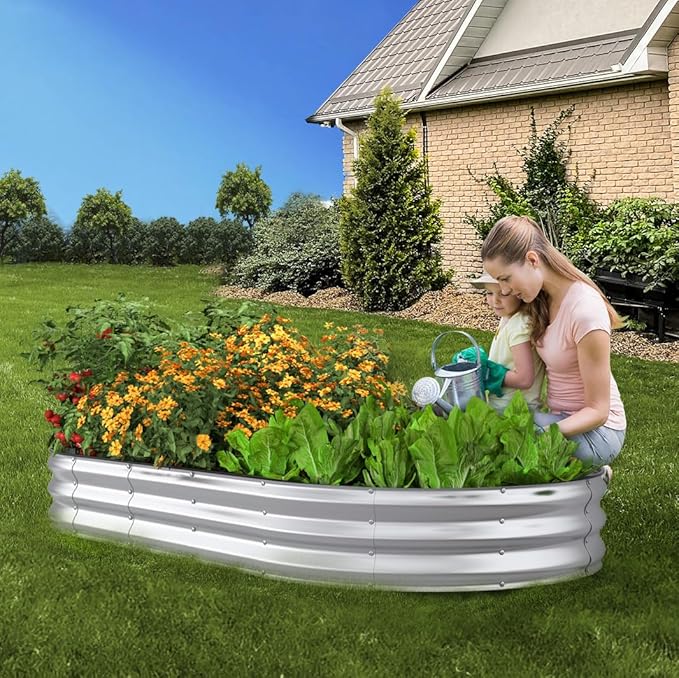 Raised Garden Bed, 8x4x1ft Galvanized Outdoor Planter Beds with Safety Edging and Gloves, Oval Metal Planter Box for Gardening Vegetables Flowers Herb