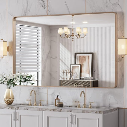 LOAAO 48”X30” Gold Bathroom Mirror, Rounded Rectangle Gold Frame Mirror by LOAAO