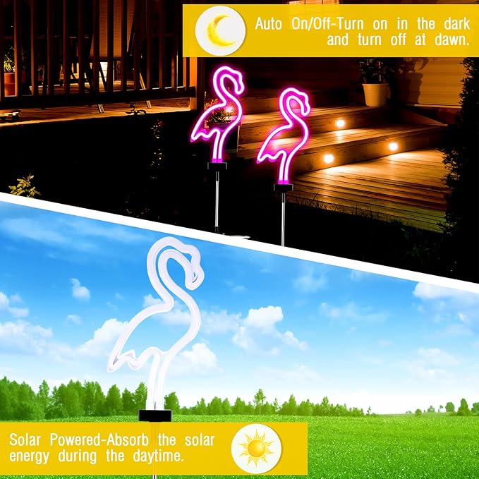 Hortsun Flamingo Solar Lights Outdoor Neon Light Yard Pink Flamingo Waterproof Decorations for Garden Patio Yard Pathway Decoration(2 Pack)