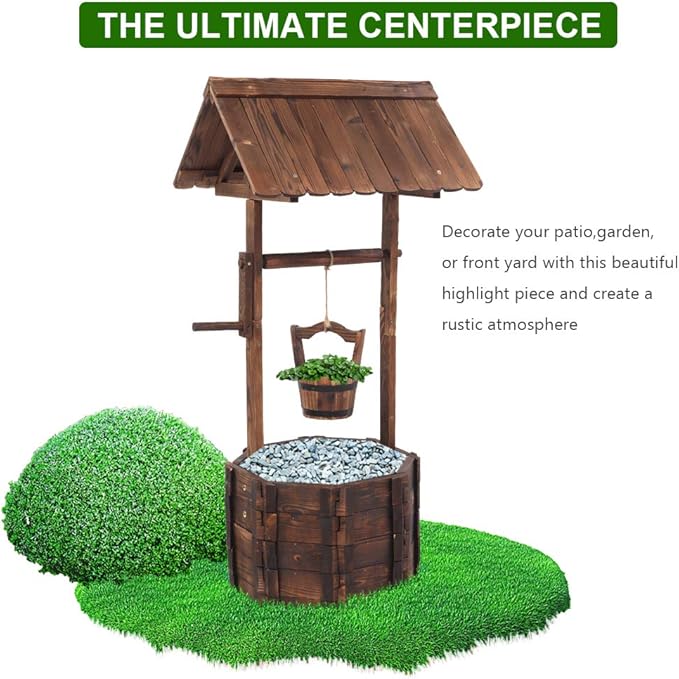 Wooden Wishing Well with Hanging Bucket, Outdoor Rustic Wishing Well Planter for Flowers and Plants, Well Covers for Yard, Garden Decor for Outside