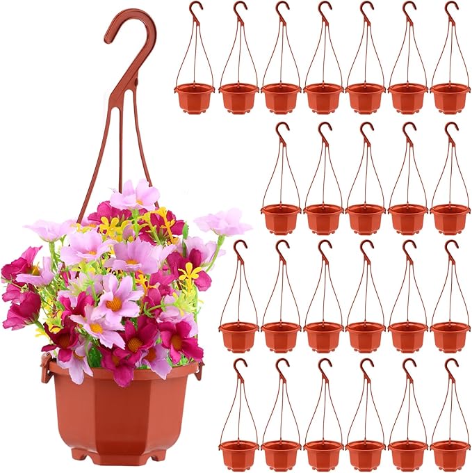 Roshtia 24 Pcs Hanging Plastic Planter Pot with Hook Flower Pots Baskets Hanging Nursery Planter Holder for Outdoor Indoor Plant Garden(Brown,3.7 Inch)