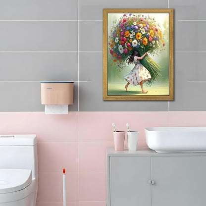 Wood Framed Pink Wildflower Canvas Wall Art, Girl Hugging Flowers Poster Prints - Image 7