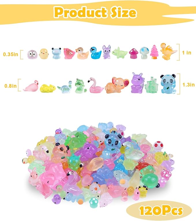 120 Pack Various Luminous Mini Resin Animals, Mini Ducks Dinosaurs Tiny Frogs Pandas Small Mushroom Miniature Figurines Glow in The Dark for DIY Garden Micro Landscape Aquarium Potted Decor