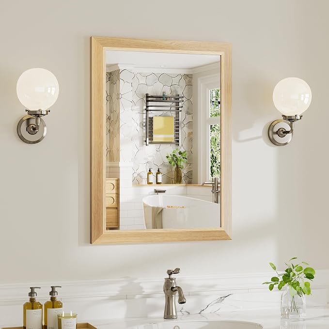 22x30 Inch Bathroom Mirror for Wall, Anti-Rust Oak Wood Grain Metal Framed by Briivuemodernmirrors