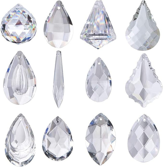 H&D Pack of 12 Clear Crystal Chandelier Lamp Lighting Drops Pendants Balls Prisms Hanging Glass Prisms Parts Suncatcher Home/House Decor
