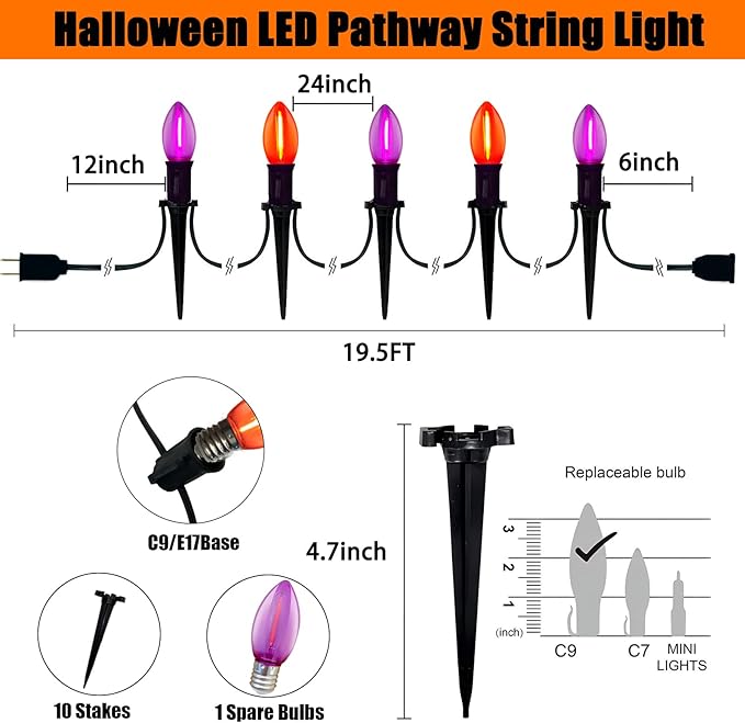 19.5Ft LED Halloween Pathway Lights Outdoor with 10 C9 LED Orange Purple Lights, Outdoor Halloween Decoration Pathway Marker Stakes Lights Waterproof for Yard Garden Sidewalk Walkway Halloween Party