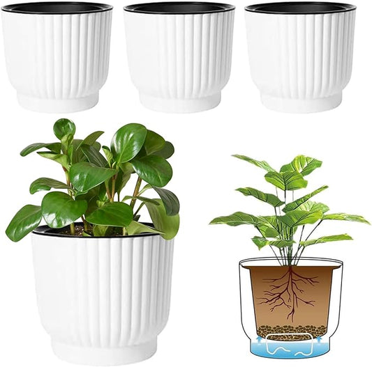 T4U 7 Inch Self Watering Pots for Indoor Plants, 4 Pack White Plastic Flower Pots for All House Plants, Flowers, African Violets