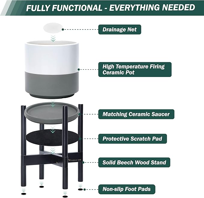 D'vine Dev Ceramic Planter with Ebony Stand - 8 Inch Modern Round Flower Pot with Wood Planter Holder, White/Grey, 55-B-M-6