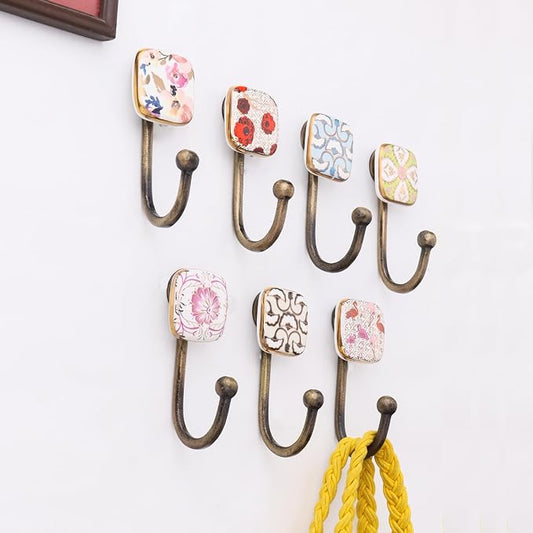 Indian Shelf Pack of 6 Multicolor Square Ceramic Kids Room Wall Hooks - Image 2