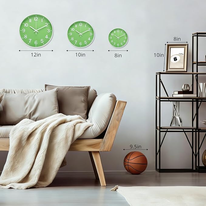 Wall Clock 12 Inch Green Modern Simple Quartz Decorative Clock Non-Ticking - Image 3
