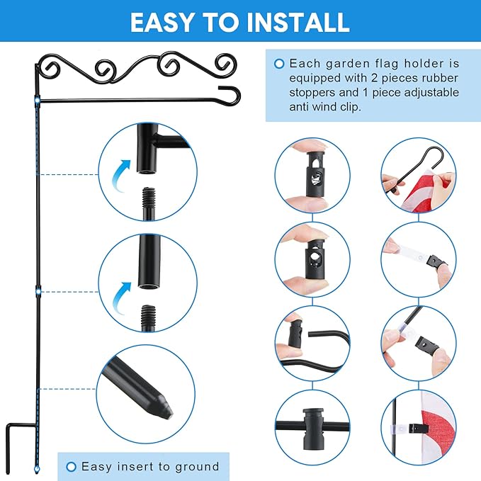 10 Pack Garden Flag Stand with Flag Stoppers and Clips, Black Powder Coated Weather Proof Garden Flag Pole Holder for Outdoor Garden Flag (Stylish Style, 15.75 x 36.22 Inch)