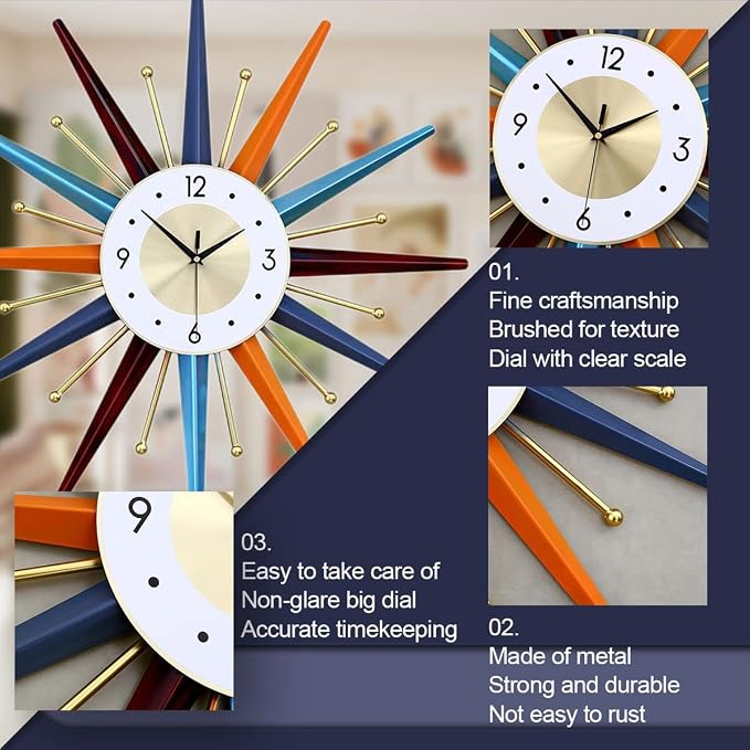 FIELDY Large Wall Clock 27.5 Inch Mid Century Wall Clocks Starburst Clock Non - Image 5