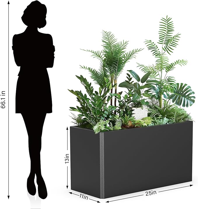 Outdoor Metal Planter Box - Rectangular Trough, All-Weather Durable with 4 Drainage Holes, 25x11x13 Inches for Porch & Patio, Black