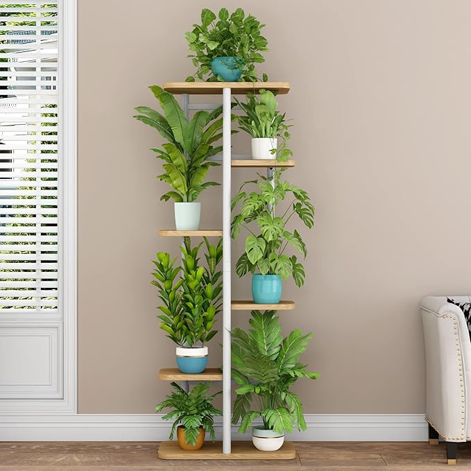 LINZINAR Plant Stand 6 Tier 7 Potted Multiple Flower Pot Holder Shelf Indoor Outdoor Planter Display Shelving for Patio Garden Corner Balcony Living Room (6 Tier-7 Potted, White)