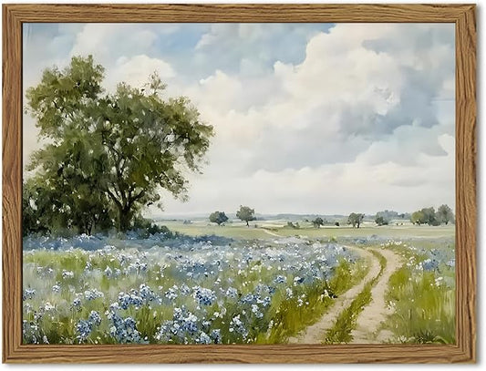Framed Vintage Canvas Wall Art, Country Landscape Wildflower Field Wall Decor by Unknown