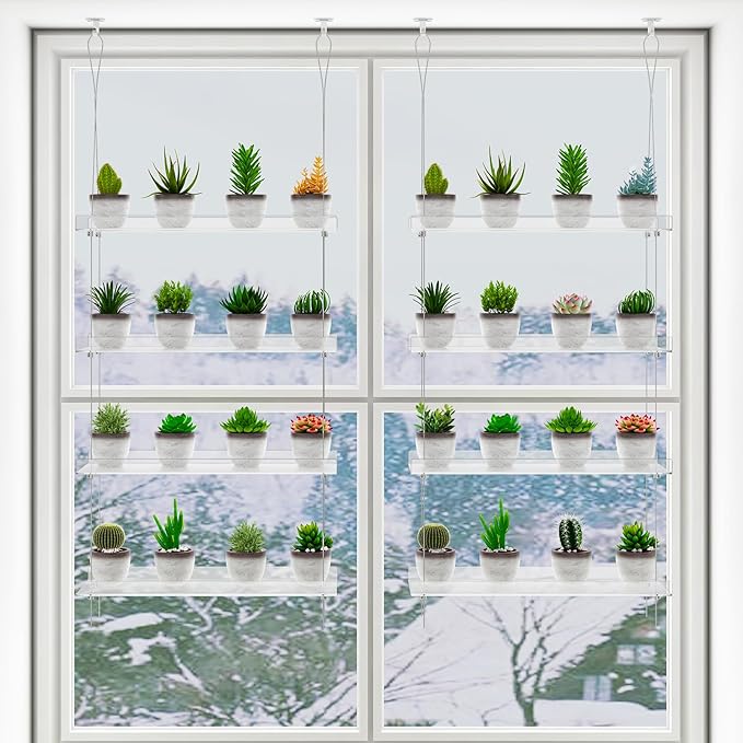 Clear Hanging Window Plant Shelves,2-Pack 4-Tier,Indoor Windows Wall Hanging Plant Stand Flower Display,Flower Pot Organizer Storage for Window Grow Herbs,Microgreens,Succulents,Flowe4,16-Inch