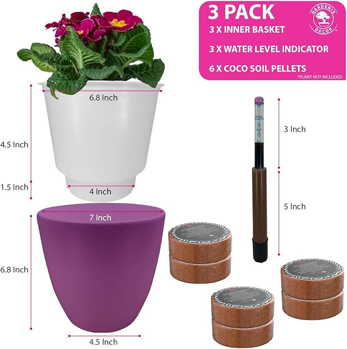 GARDENIX DECOR Self Watering Pots for Indoor Plants 3 Pack - Flower Pot with Water Level Indicator for Plants, Grow Tracking Tool - Self Watering Planter Plant Pot - Coco Coir - Purple