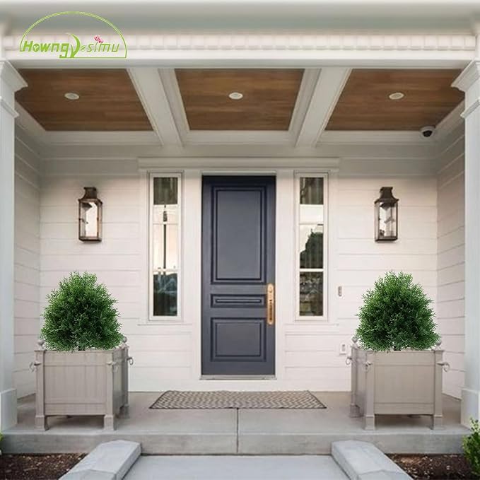 Artificial Cedar Topiary Ball Trees with Ground Spike, 20" UV Resistant Artificial Shrubs, Fake Evergreen Artificial Plant Brush for Indoor Outdoor Front Porch Garden, 1 Pack