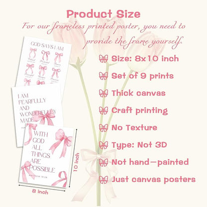 Pink Bows Bible Verse Christian Canvas Wall Art Set of 9, Trendy Posters Prints - Image 3