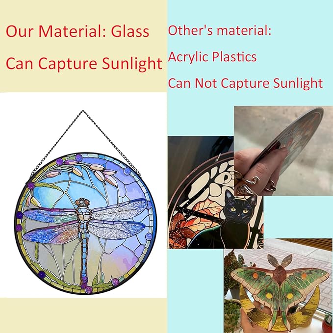 Hanging Stained Glass for Windows,20cm/7.87inch Dragonfly Hand-Painted Sun Catcher Garden Hangings Christmas Mother's Day, Valentine's Day Ornaments Festival Gift (C Style)
