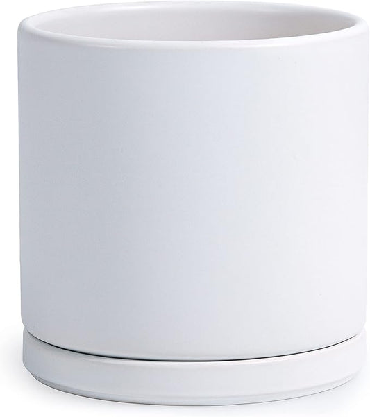 D'vine Dev 10 Inch Ceramic Planter Pot with Drainage Hole and Saucer, Indoor Cylinder Round Planter Pot, White, 94-O-E-1