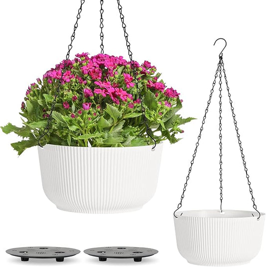 T4U 10 Inch Hanging Planters for Indoor Outdoor Plants, 2 Pack White Self Watering Hanging Plant Pot, Hanging Pots Set with Drainage Hole & Plug & Chain with 3 Hooks for Garden Home Decor