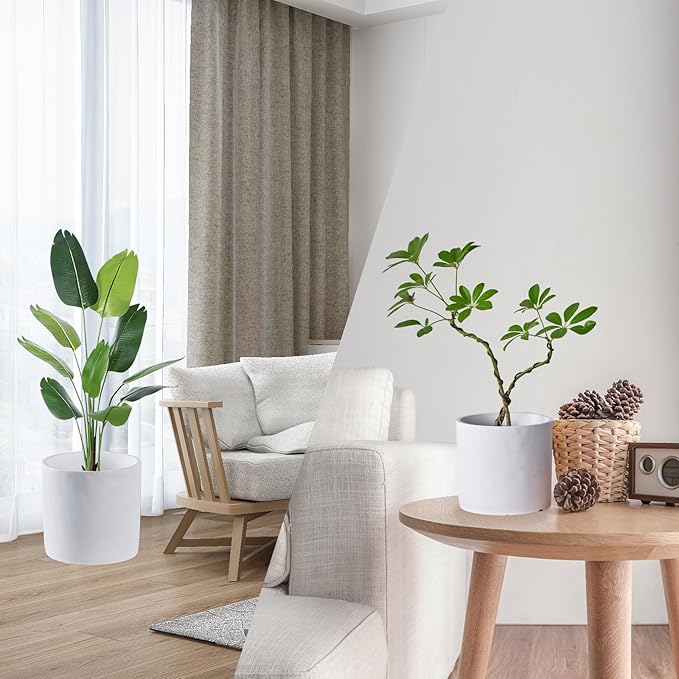 8 Inch Pot for Plants, Large Cement Planter with Drainage Hole, Mid-Century Modern Concrete Flower Pots for Home Decor, Office & Outdoor (White)