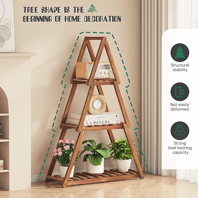 Wooden Plant Stand Indoor Outdoor,Christmas Tree Plant Shelf Indoor,3 Tier Tall Flower Stand for Multiple Plants,Corner Plant Holder for Living Room Bedroom Office Garden Patio Decor