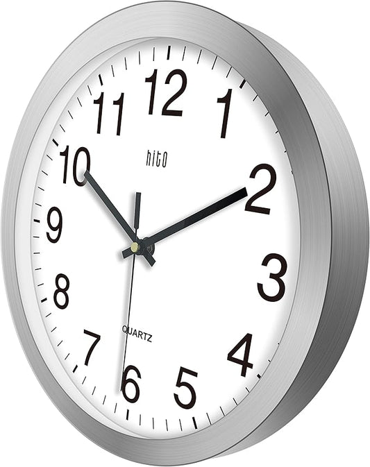 HITO 12 Inch Silent Wall Clock Battery Operated Non Ticking Glass Cover Silver - Image 2