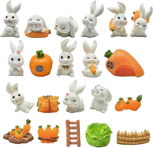 21Pcs Mini Rabbit and Carrot Figurines 1inch Cute Resin Bunny Cake Toppers for DIY Fairy Garden Dollhouse Moss Landscape Crafts Easter Decors