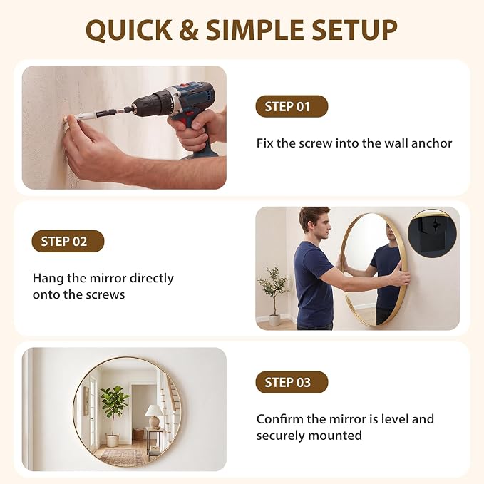 NEWBULIG 24-Inch Round Wall Mirror, Bathroom Wall Circle Mirror - Image 6